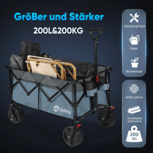 Sekey XXL Bollerwagen, faltbar, blau, mit Bremsen und breiten Rädern. Ideal für Camping & Freizeit.