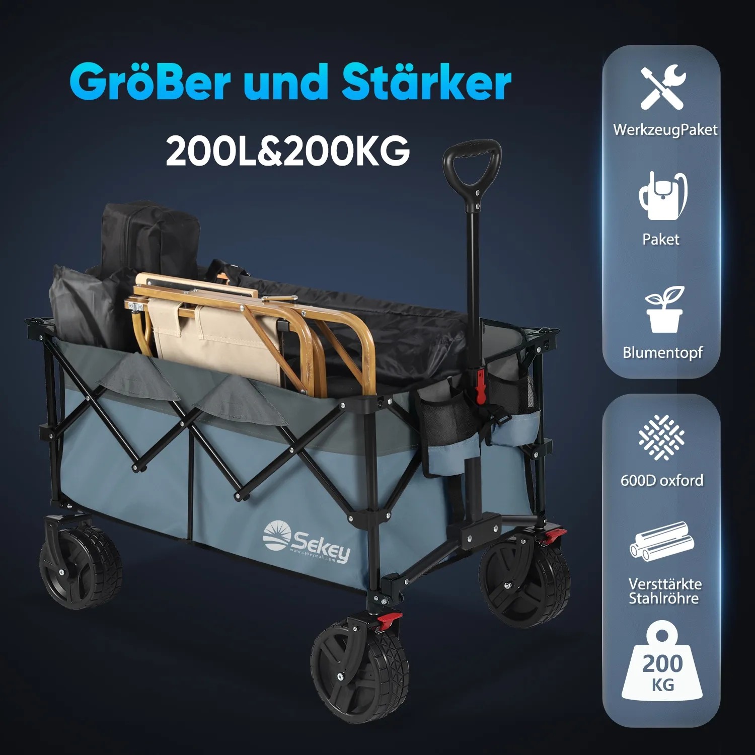 Sekey XXL Bollerwagen, faltbar, blau, mit Bremsen und breiten Rädern. Ideal für Camping & Freizeit.