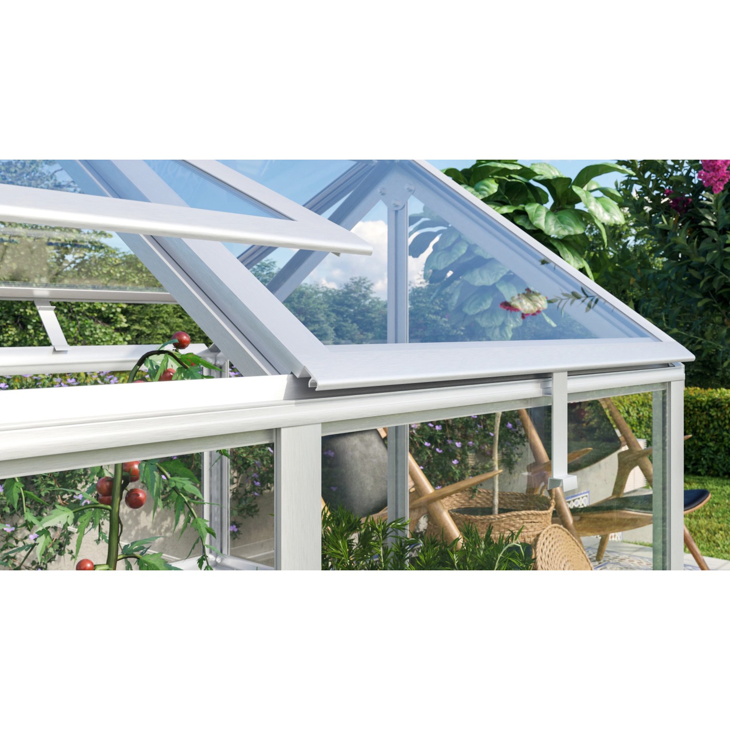 Vitavia Frühbeet Gamma mit Alu-Rahmen und ESG-Glas, teilweise geöffnet, mit Pflanzen im Inneren.