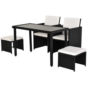 Outsunny Polyrattan Sitzgruppe, 11-teilig, mit Tisch, Stühlen und Hockern mit weißen Kissen.