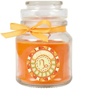 Duftkerze Honigmelone im Glas mit Sternzeichen Steinbock und Schleife.