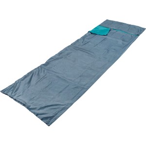 Geöffneter, grau-blauer Happy People Reise-Schlafsack aus Polyester. Ideal für Camping & Reisen.