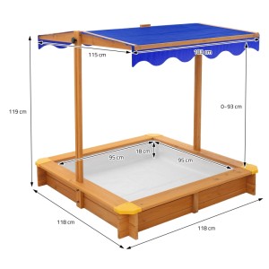 ML-Design Sandkasten aus Holz mit blauem Dach (UV 50), 118x118 cm. Naturfarben mit gelben Ecken.