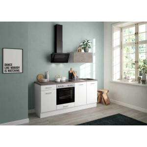 Weiße Küchenzeile 195 cm mit dunkelgrauer Beton-Arbeitsplatte, integriertem Backofen, Spüle und schwarzer Dunstabzugshaube.