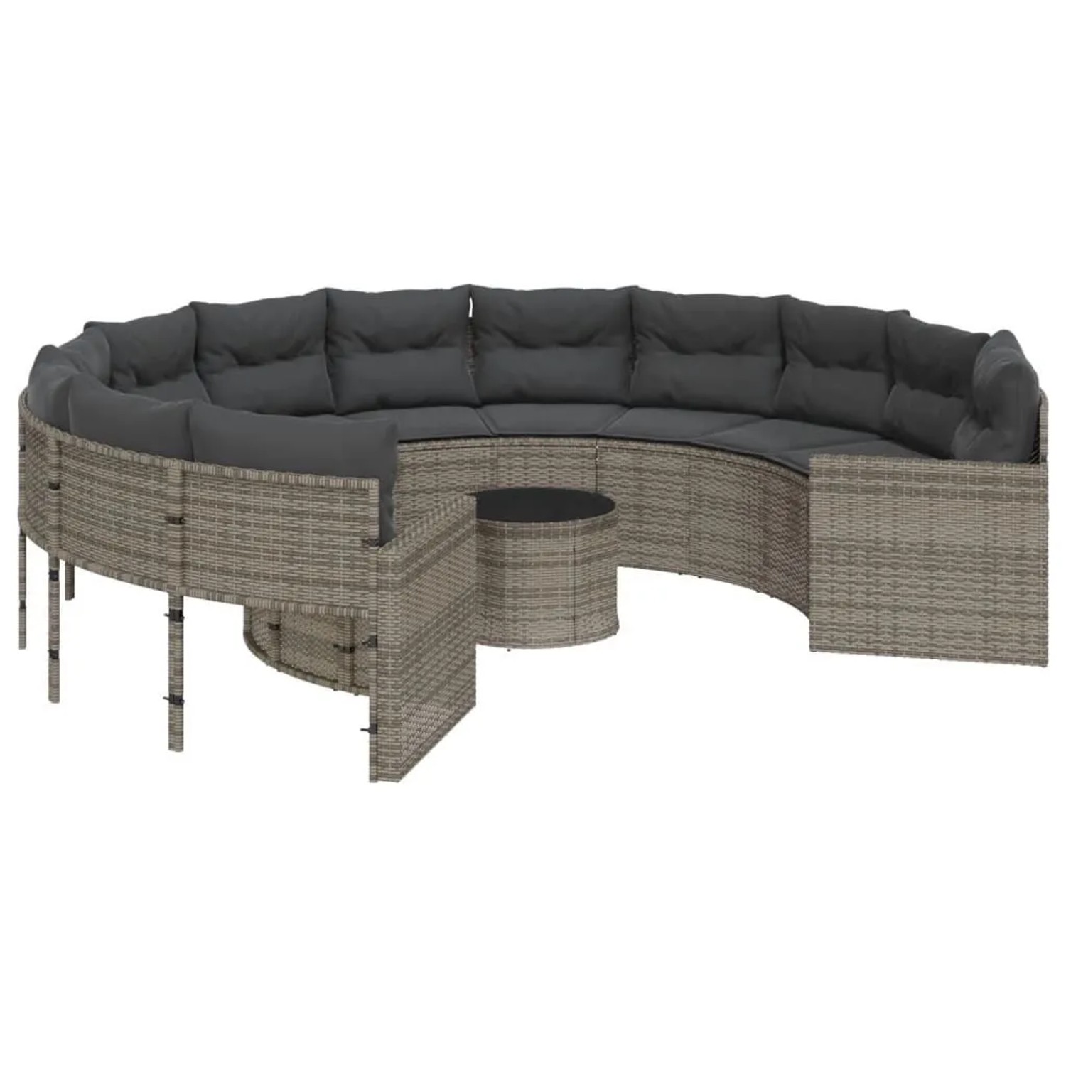 vidaXL Gartensofa mit Tisch und Kissen Rund Grau Poly Rattan 3318536