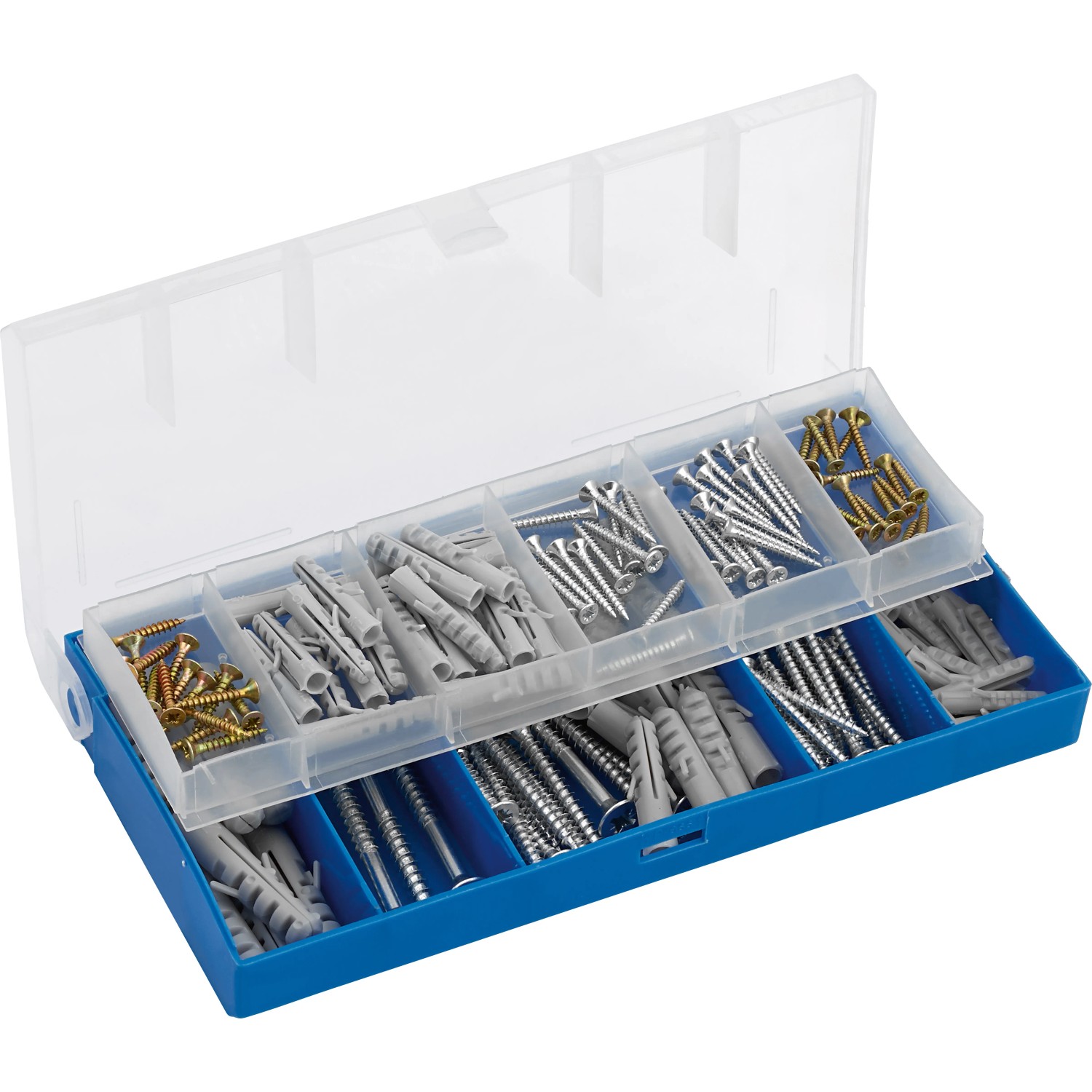 180-teiliges Schrauben- und Dübelset von LUX im blauen Koffer mit transparentem Deckel.