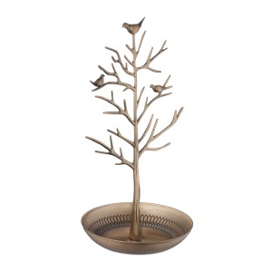 Relaxdays Schmuckständer Baum Zink Gold mit Ablage 30 cm x 16 cm x 15 cm 340 g