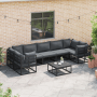 Schwarzes 7-teiliges Garten-Sofa-Set aus Aluminium von vidaXL mit Tisch und grauen Kissen.