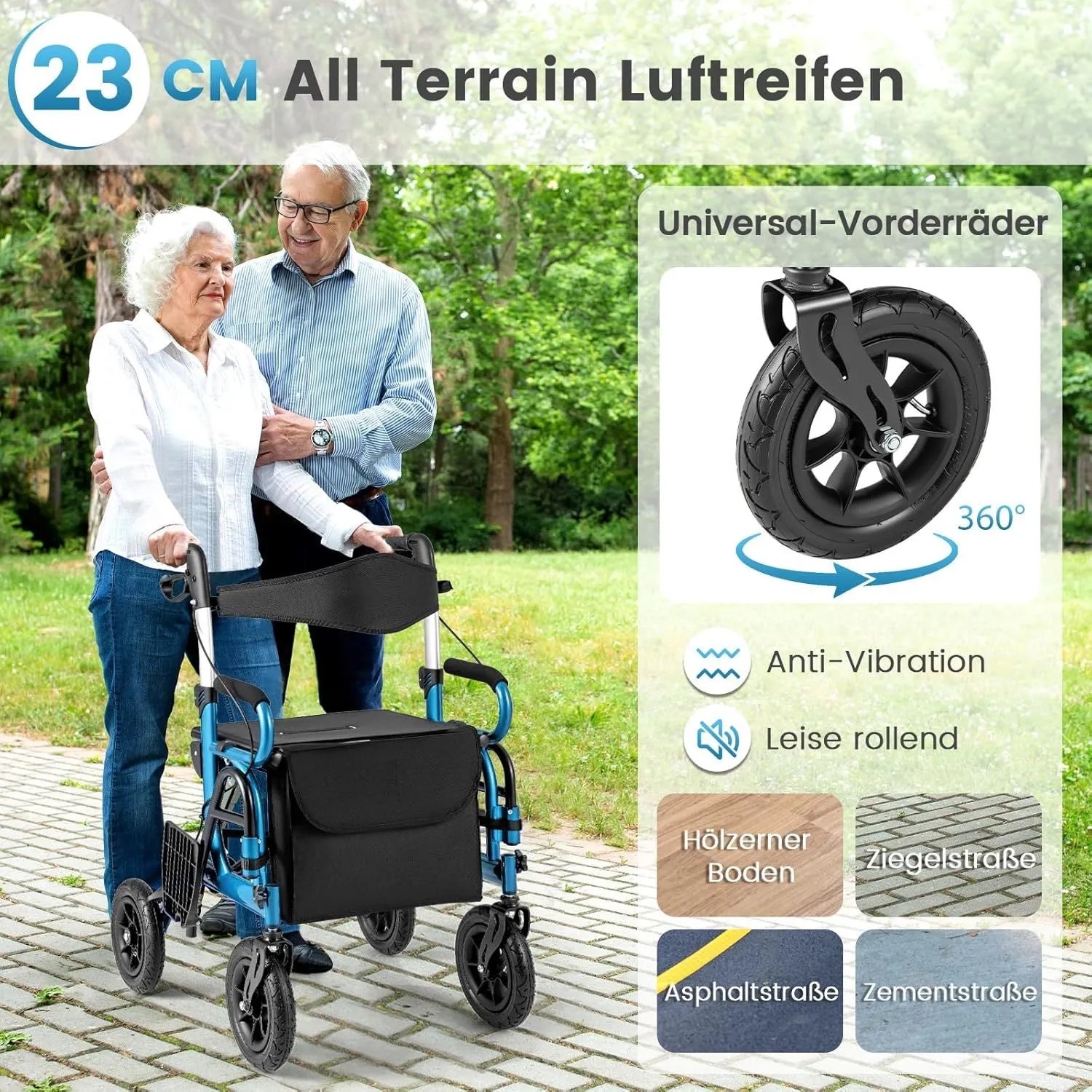 Blauer Costway Rollator mit Luftreifen, nutzbar als Rollstuhl, bis 140 kg belastbar.