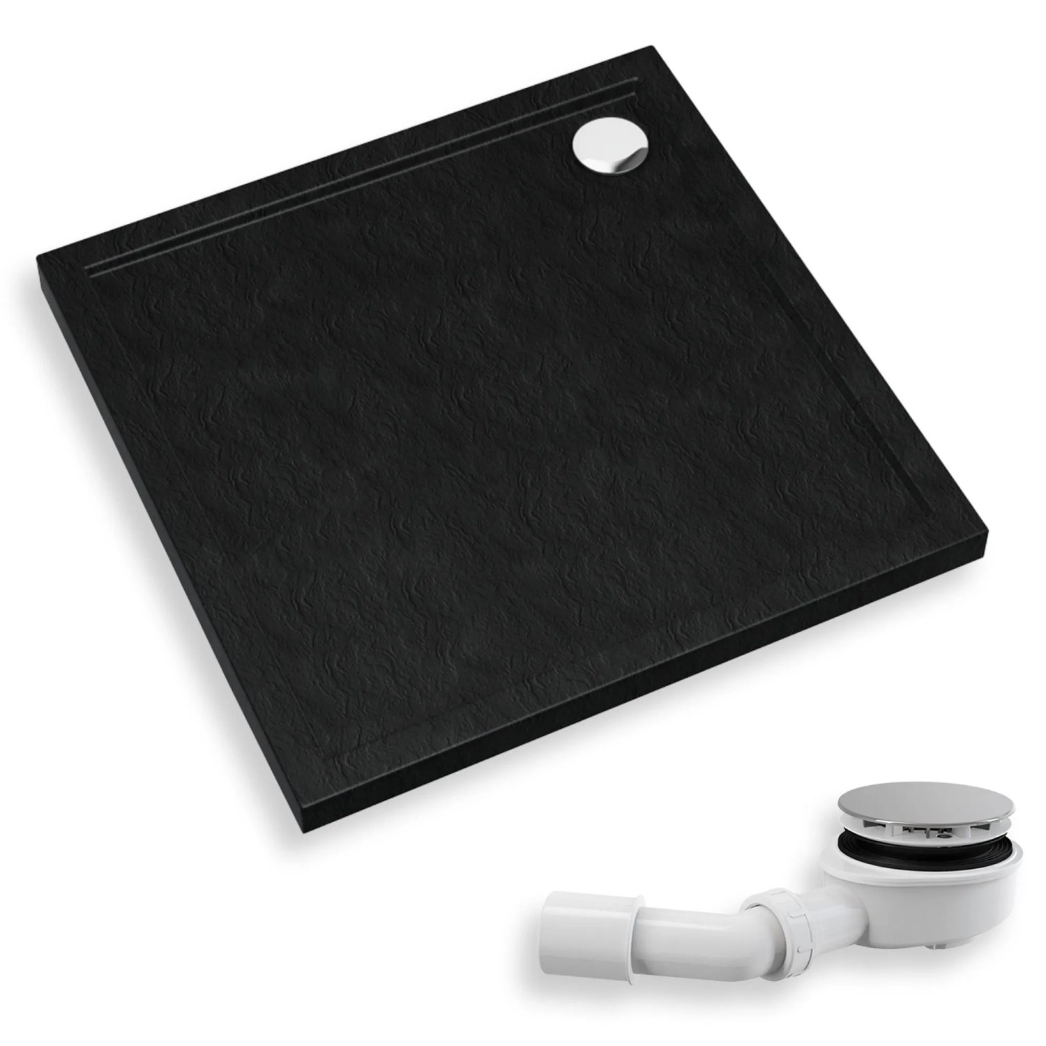 KOLMAN DUSCHWANNE Quadratisch Schwarz Steinoptik 90x90 cm Set mit Ablaufgarnitur