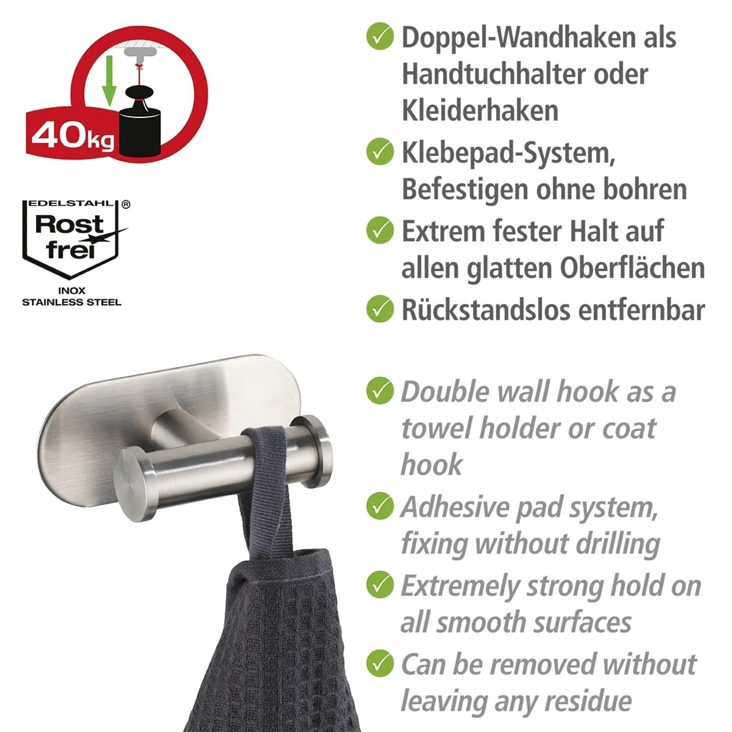 Wenko Wandhaken Turbo-Loc Edelstahl Duo Orea Matt mit Handtuch.