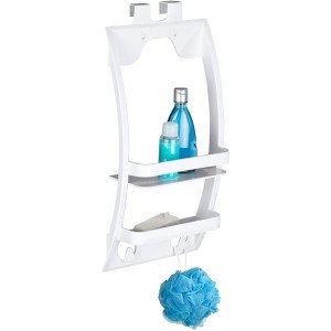 Wenko Badregal Universal, weiß, mit 2 Ablagekörben und Haken für Badutensilien.