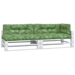vidaXL Palettenkissen-Set 5-tlg, grün mit Blattmuster, auf weißem Palettensofa. Bequeme Gartenstuhlauflagen.