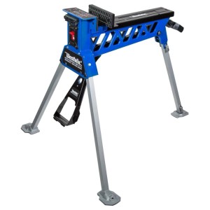 Westfalia mobile Werkbank aus Aluminium, blau-silber, mit Fußspannsystem für präzises Arbeiten in der Werkstatt.