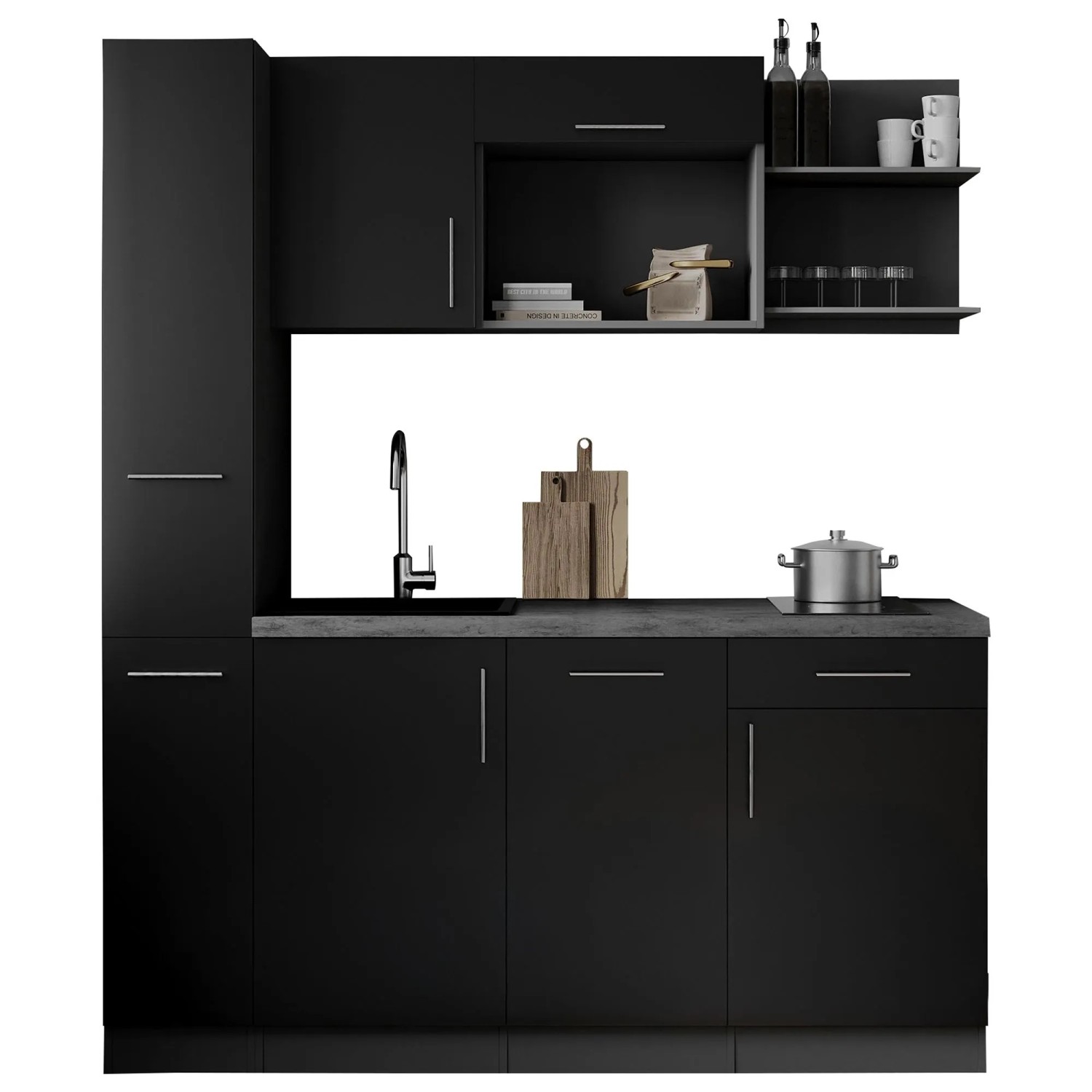 Respekta Singleküche Oliver 175 cm H 205 cm Schwarz Seidenglanz ohne Mikrowelle