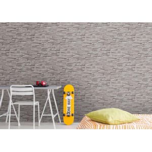 Graue Vliestapete in Steinoptik für Wohnzimmer und Küche. Moderne 3D Steintapete.