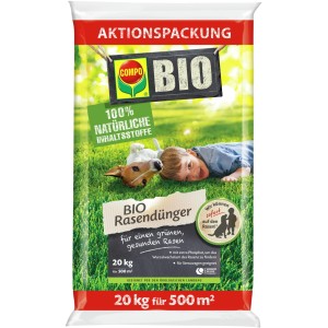 Verpackung Compo Bio Rasendünger Aktion 20kg für gesunden, grünen Rasen. Mit Kind und Hund auf Rasen.