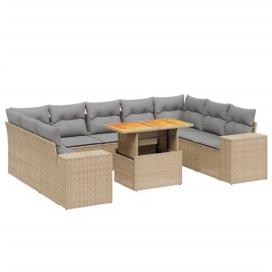 Beige 10-tlg. vidaXL Garten-Sofagarnitur aus Rattan mit hellgrauen Kissen und höhenverstellbarem Tisch.