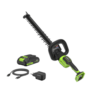 Greenworks Akku-Heckenschere-Set mit 51 cm Klinge, 2,0 Ah Akku und USB-C Ladegerät. Schwarz-grünes Gartengerät.