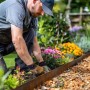 Mann installiert braune, flexible Rasenkante aus Stahl zur Abgrenzung von Blumenbeet und Weg im Garten.