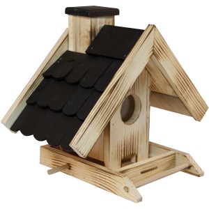Vogelfuttersilo Villa aus Holz mit Dach, Futterspender für Gartenvögel.