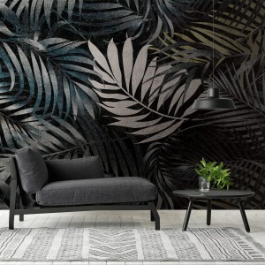 PROFHOME Fototapete Dschungel (Schwarz, Grau, Grün, Gelb) mit Palmenmuster im Wohnraum.