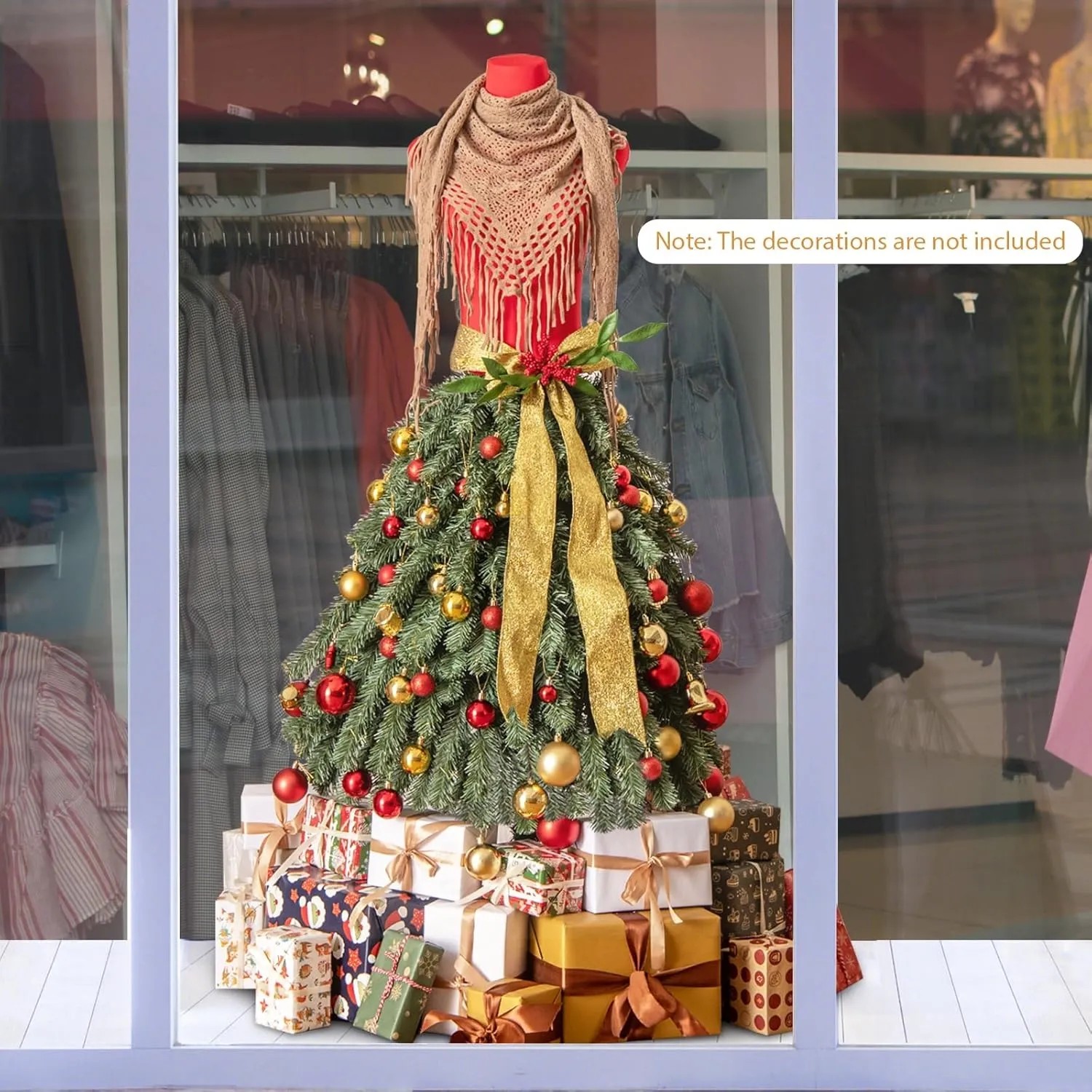 Costway Weihnachtsbaum als Schaufensterpuppe mit Schal, roten Beeren und warmweißen Lichtern, 150cm.