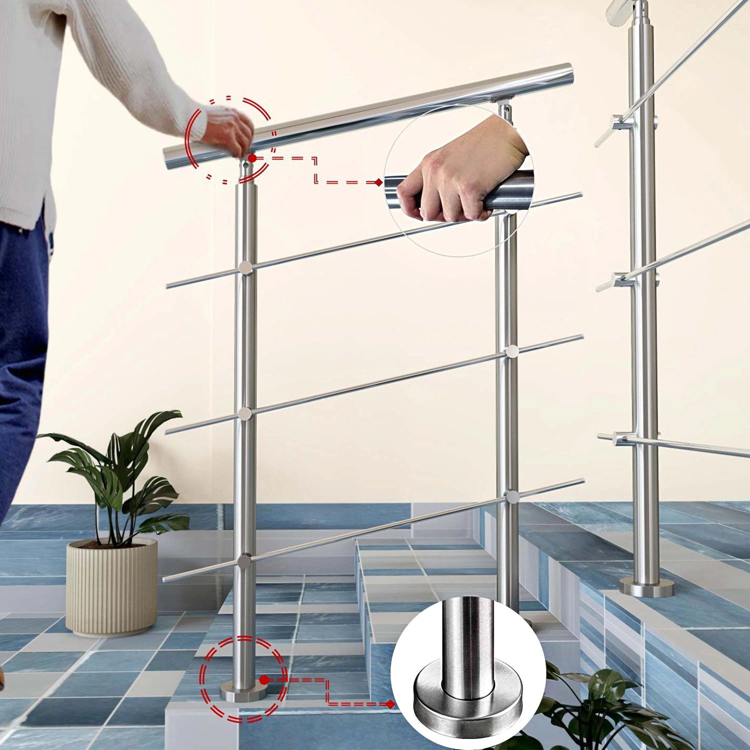 Edelstahl Geländer 80cm mit 3 Querstäben für Treppen, Innen- und Außenbereich.