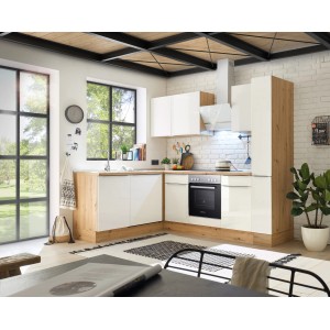 Respekta Winkelküche Marleen, 250 cm, Artisan-Eiche/Weiß Hochglanz mit E-Geräten.