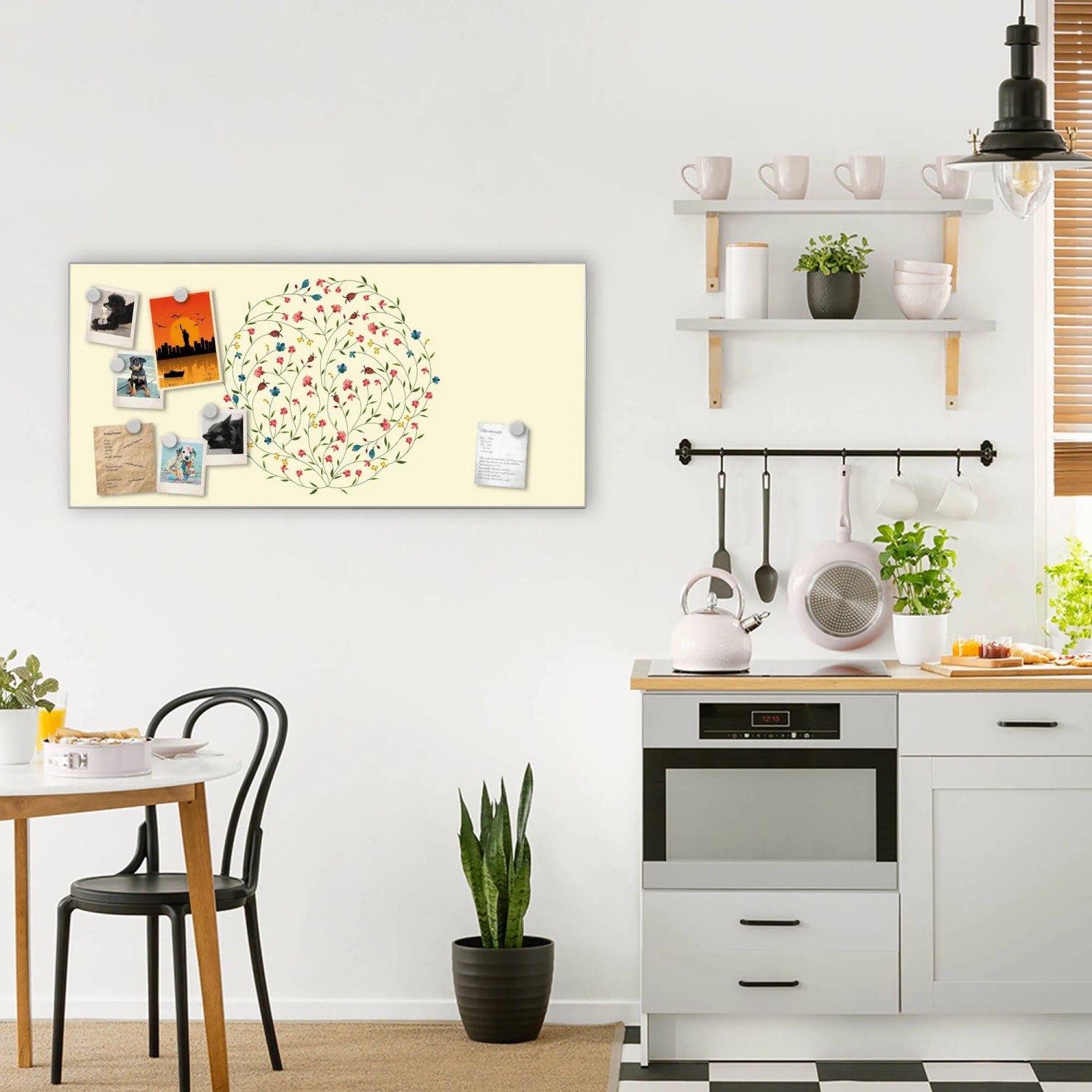 Banjado Magnettafel 78x37cm, silberne Magnetwand mit Blumenreigen-Motiv in Küche.