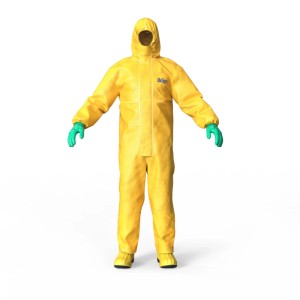 Gelber Dräger Schutzanzug Overall SPC 4400 mit Kapuze, Schutzkleidung für Labor- & Lackierarbeiten.