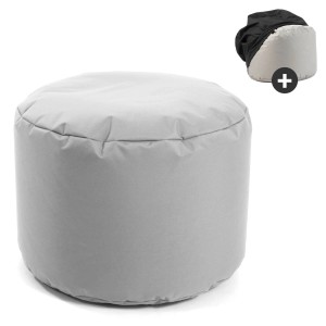 Grauer mokebo Outdoor Pouf/Hocker mit Schutzhülle. Wasserabweisend, ideal für Garten & Terrasse.