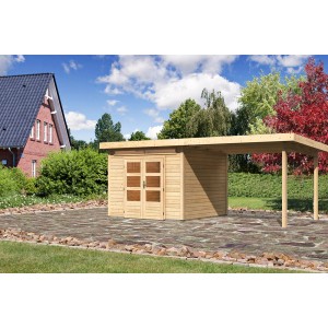 Unbehandeltes Karibu Holz-Gartenhaus Kumla 6 mit Pultdach und Anbau, naturbelassen.