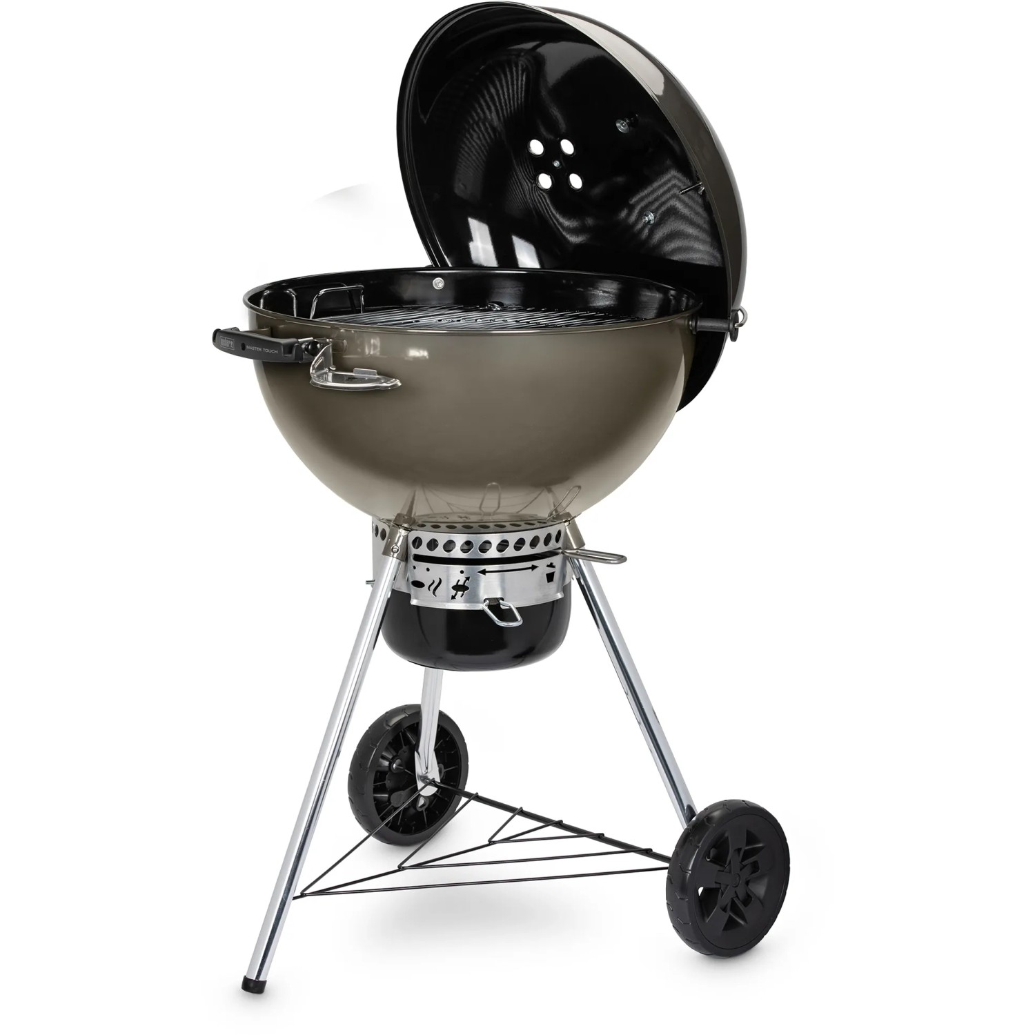 Weber Holzkohlegrill Master-Touch GBS Smoke Grey 57 cm mit geöffnetem Deckel.