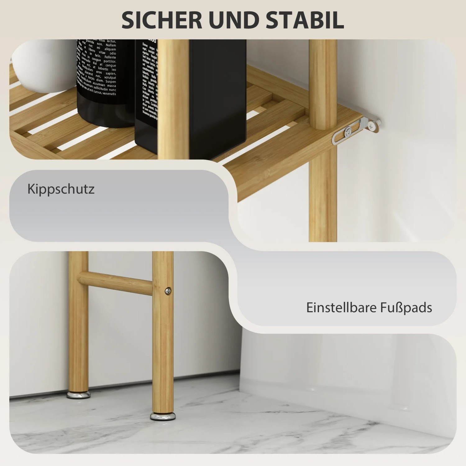 Detailaufnahme: HOMCOM Toilettenregal aus Bambus mit Kippschutz und verstellbaren Füßen.