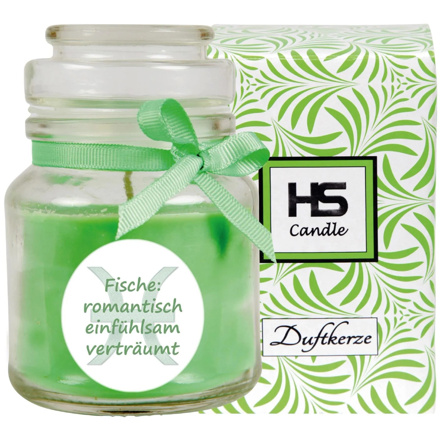 HS Candle Duftkerze Sternzeichen Fische im Glas mit Schleife und Verpackung.