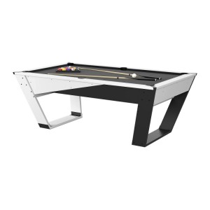 Moderner schwarz-weißer Billardtisch Harrison 213.4 cm mit Queues und Kugeln auf schwarzer Spielfläche.