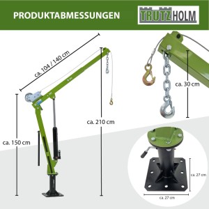 TRUTZHOLM Pickup Kran aus Stahl, 900 kg Tragkraft, 360° drehbar, mit Seilwinde und Maßangaben.