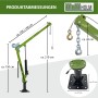TRUTZHOLM Pickup Kran aus Stahl, 900 kg Tragkraft, 360° drehbar, mit Seilwinde und Maßangaben.