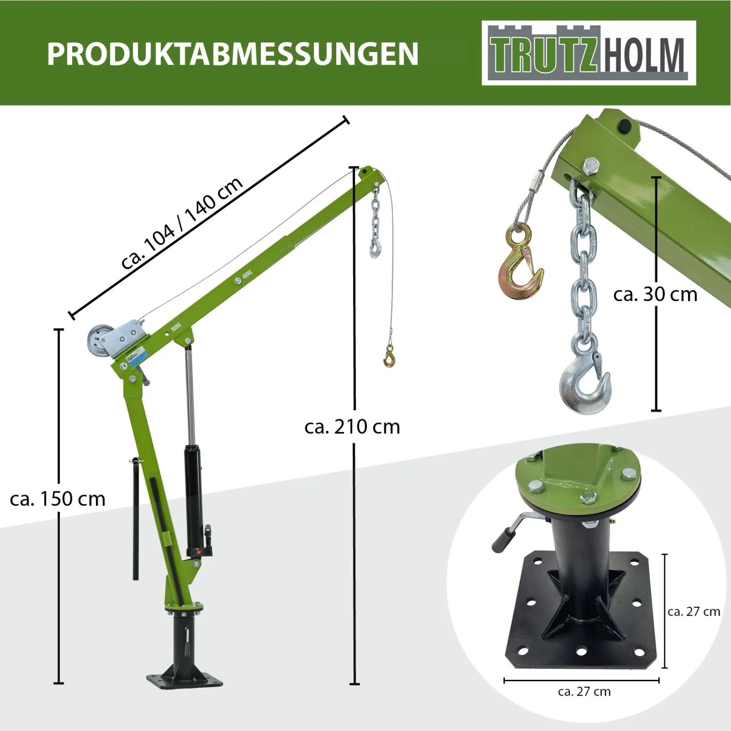 TRUTZHOLM Pickup Kran aus Stahl, 900 kg Tragkraft, 360° drehbar, mit Seilwinde und Maßangaben.