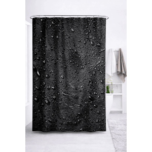 Schwarzer Euroshowers Duschvorhang mit Wassertropfen-Muster und Metallösen.