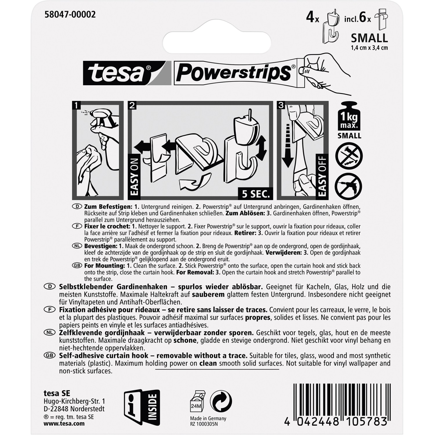 tesa Powerstrips Vario Gardinenhaken braun, 4 Stück, zum einfachen Anbringen von Gardinen.