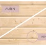 Detailaufnahme der Wand einer Karibu Sauna Marika aus naturbelassener Fichte, Innen- und Außenansicht.