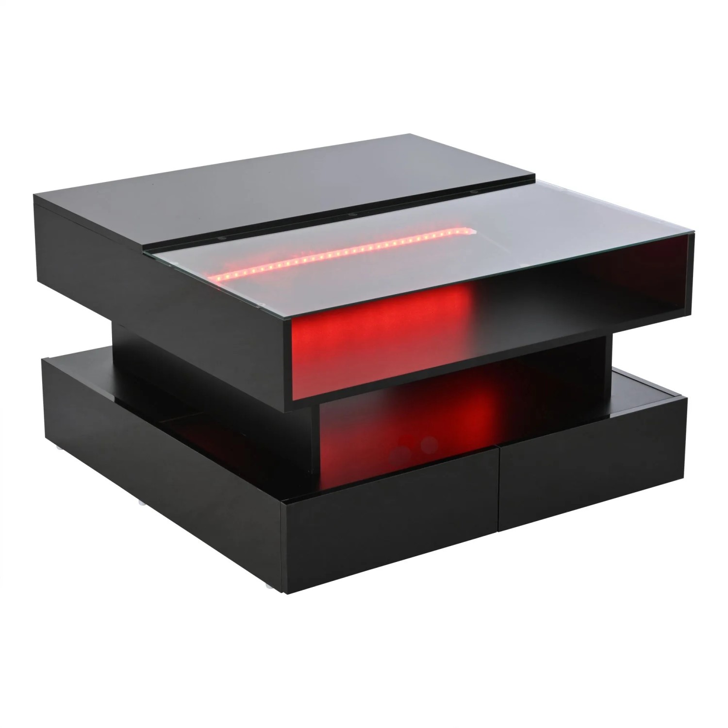 okwish Couchtisch mit Höhenverstellbar Stauraum LED 80x80x45cm Schwarz