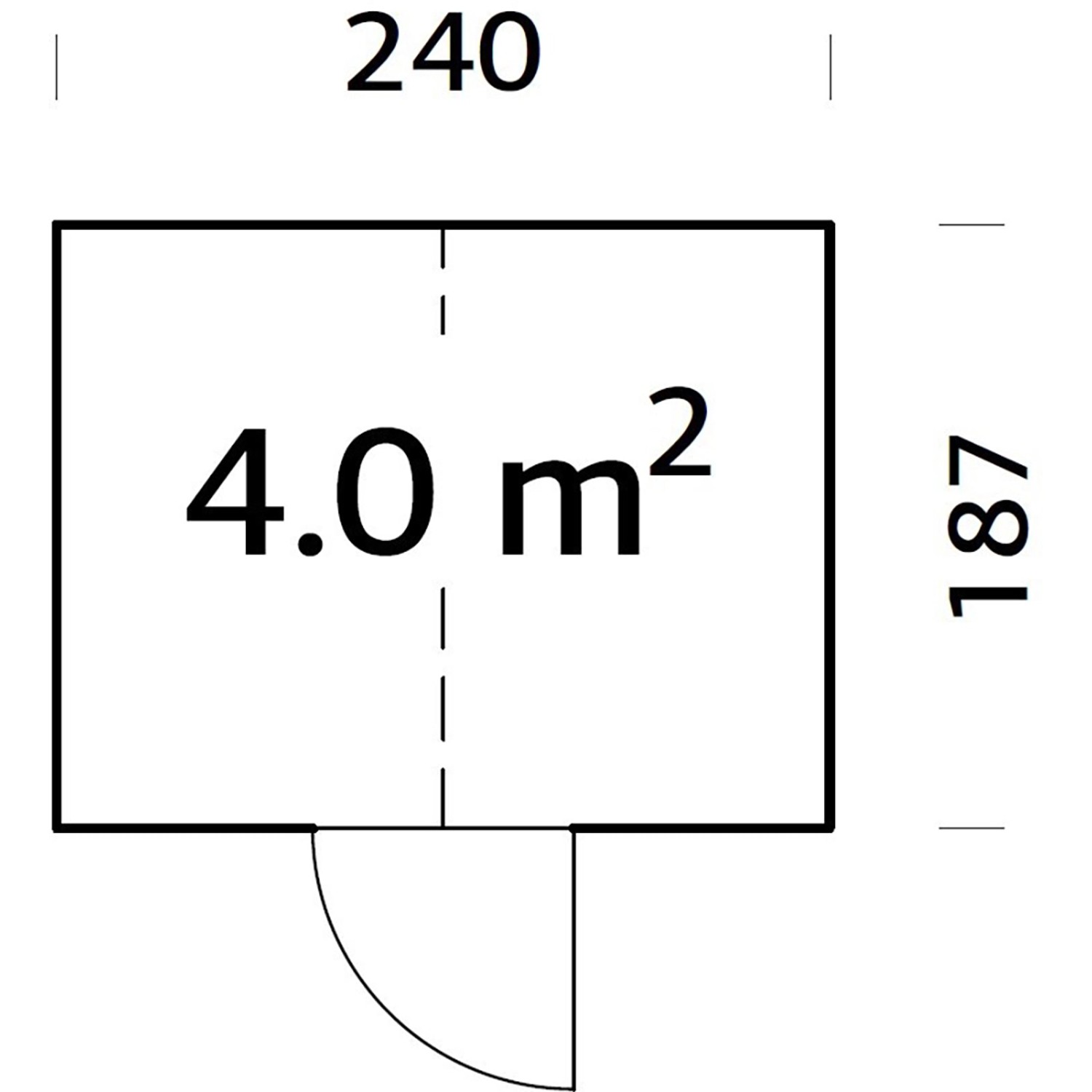 Grundriss Palmako Geräteraum Emilia 4 m², graues Holz-Gartenhaus, Maße 240x187 cm.
