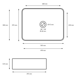 Technische Zeichnung: ECD Germany Waschbecken, 505x395x135 mm, Keramik, weiße Handwaschbecken mit Maßangaben.
