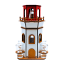 Deko Leuchtturm aus Holz mit rotem Dach, weißem Korpus, Karaffe und 6 Schnapsgläsern. Maritimes Geschenkset.