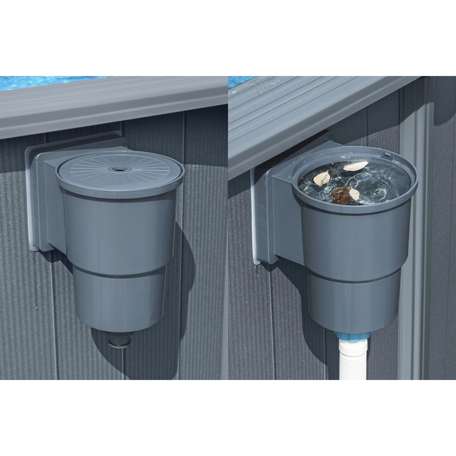 Bestway Hydrium Pool Skimmer vor und nach der Reinigung am Stahlwandpool in Holzoptik.