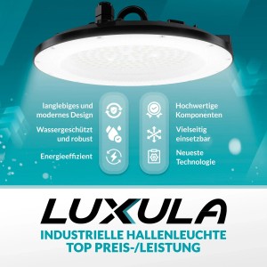 LUXULA LED Hallenstrahler, 200W, neutralweiß, IP65. UFO Design für gleichmäßige Ausleuchtung in Hallen.