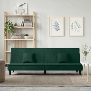 Dunkelgrünes vidaXL Schlafsofa aus Samt mit zwei Kissen vor hellem Hintergrund.